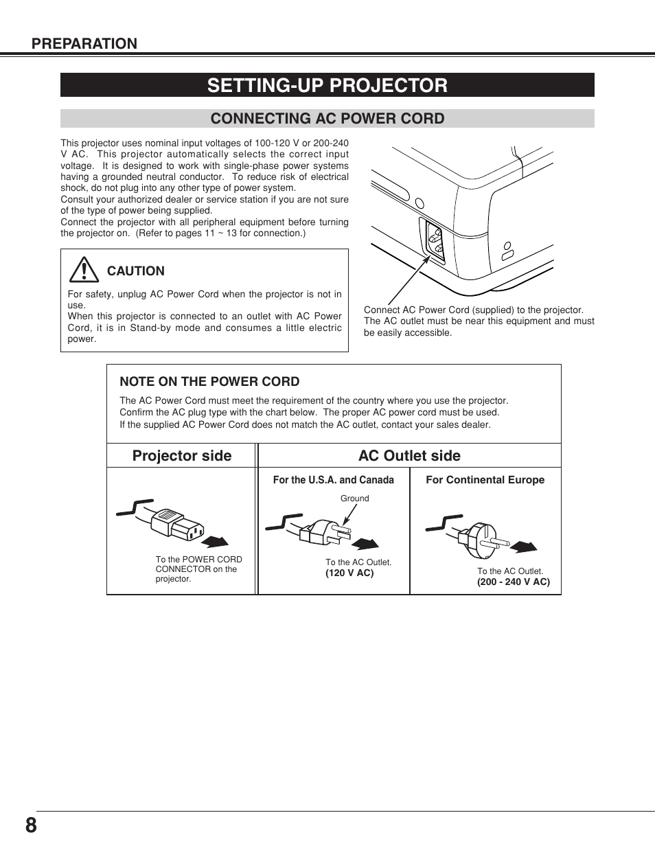 Setting-up projector, Preparation, Connecting ac power cord | Projector side ac outlet side | Eiki LC-XB10 User Manual | Page 8 / 48