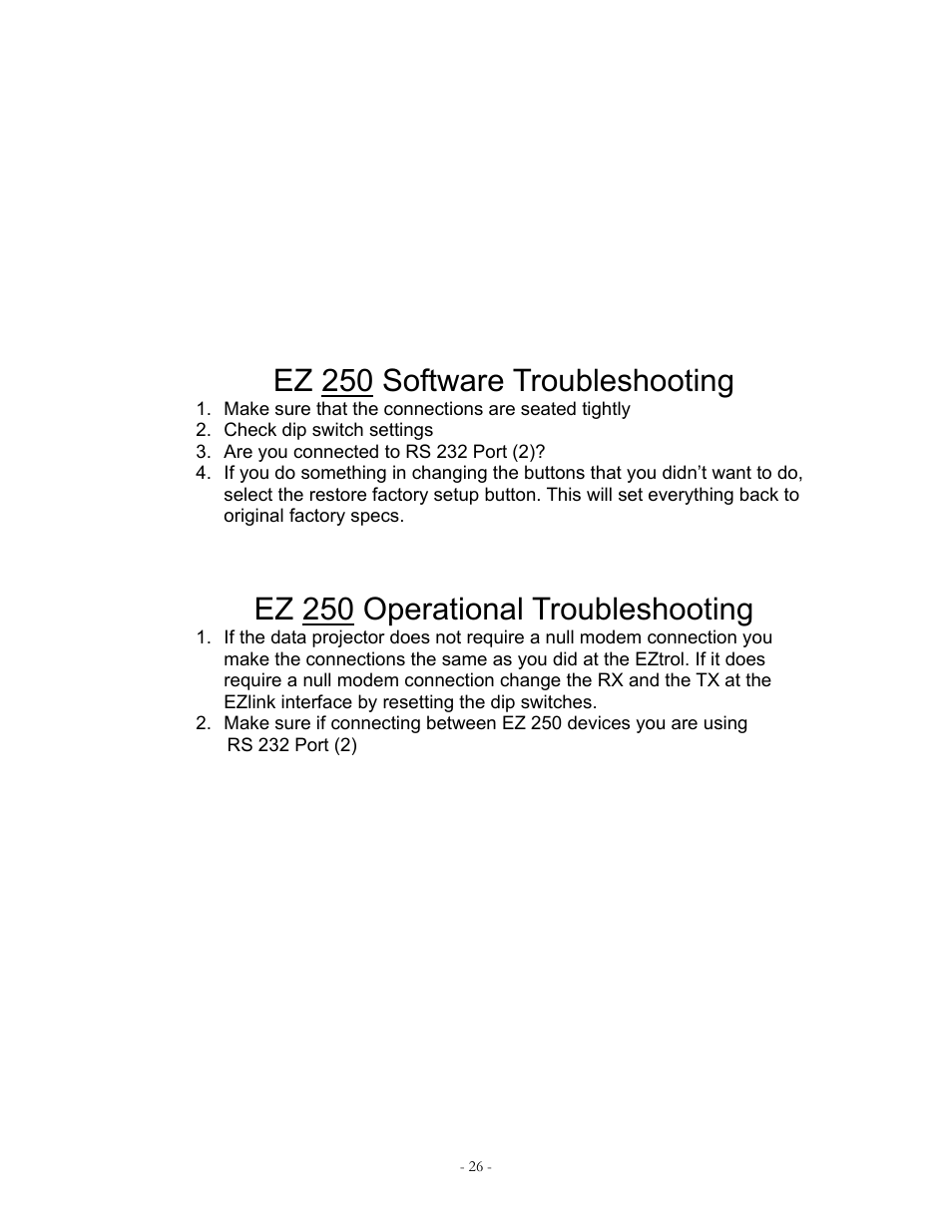 Ez 250 software troubleshooting, Ez 250 operational troubleshooting | Eiki EZ 250 User Manual | Page 30 / 30