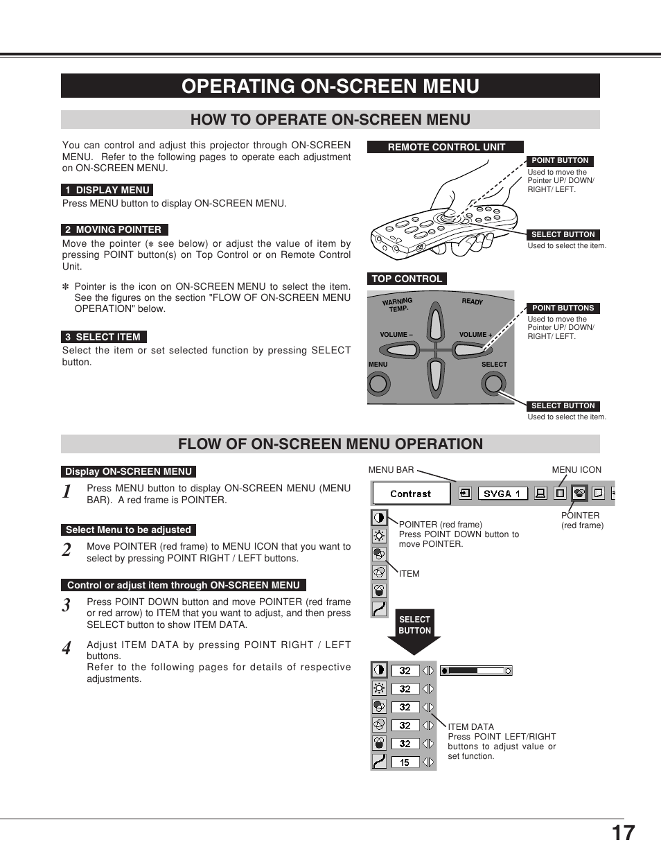 Operating on-screen menu, How to operate on-screen menu, Flow of on-screen menu operation | Eiki LC-NB4 User Manual | Page 17 / 48