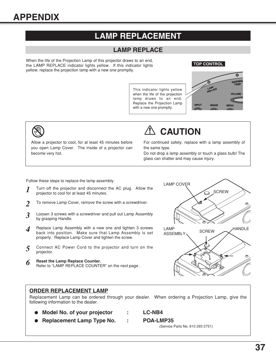 Appendix, Lamp replacement, Lamp replace | 37 appendix, Caution | Eiki LC-NB4 User Manual | Page 37 / 48