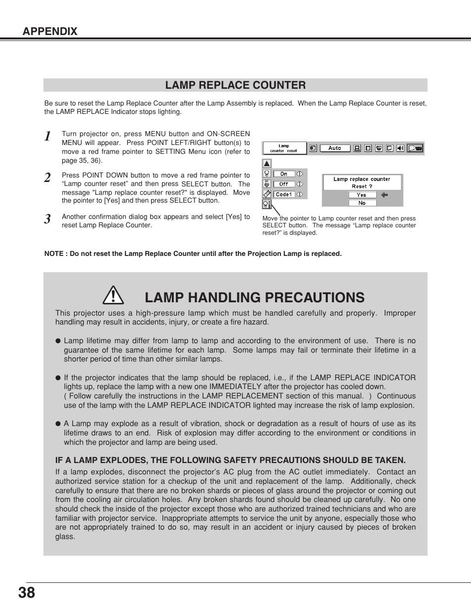 Lamp replace counter, Lamp handling precautions | Eiki LC-NB4 User Manual | Page 38 / 48