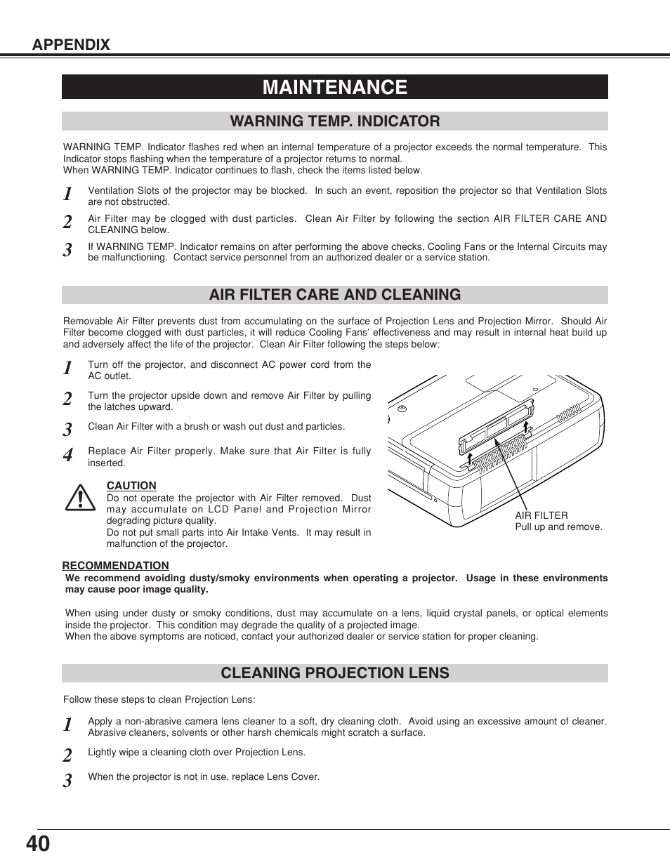 Maintenance, Warning temp. indicator, Air filter care and cleaning | Cleaning projection lens | Eiki LC-NB4 User Manual | Page 40 / 48