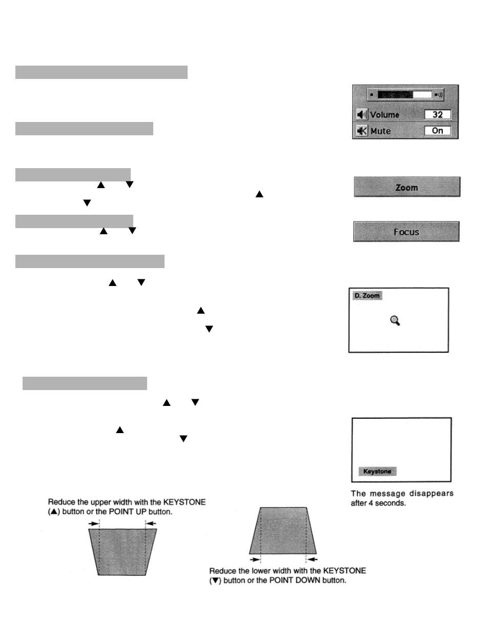 Sound volume adjustment, Sound mute function, Zoom adjustment | Focus adjustment, Digital zoom function, Keystone function | Eiki LC-X990 User Manual | Page 28 / 54