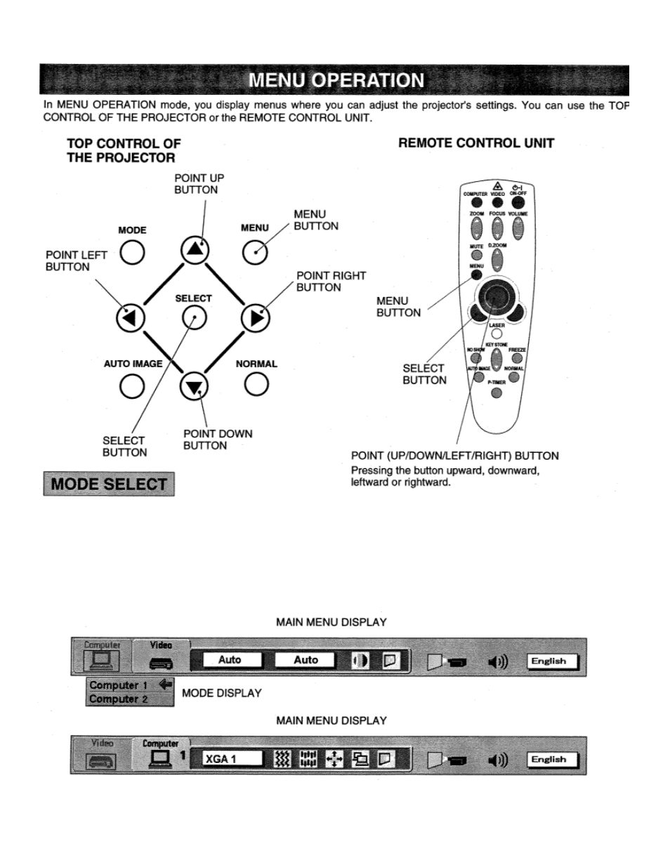 Menu operation, Mode select | Eiki LC-X990 User Manual | Page 30 / 54