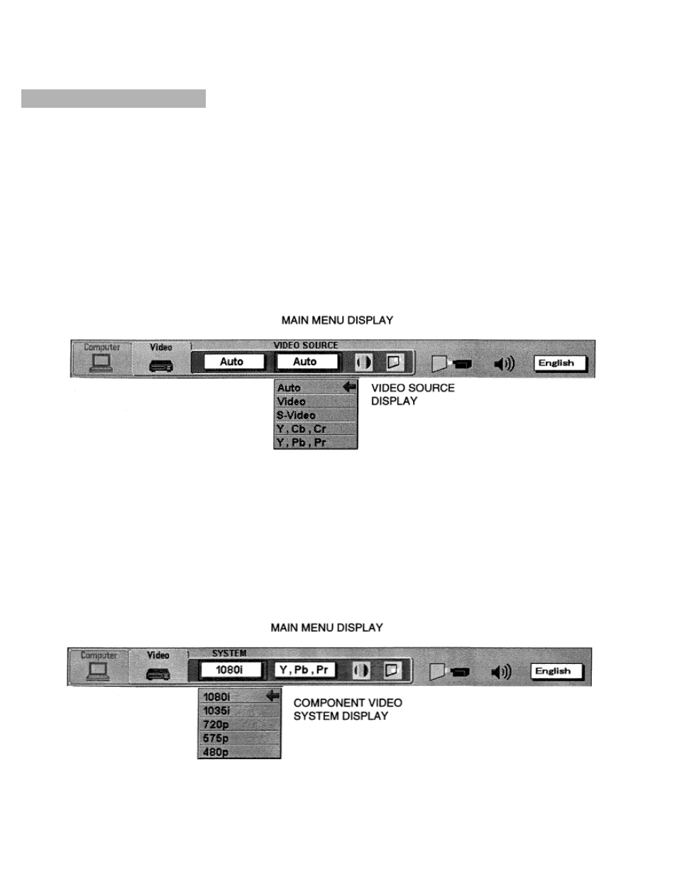 Video source select, Component video system select | Eiki LC-X990 User Manual | Page 33 / 54