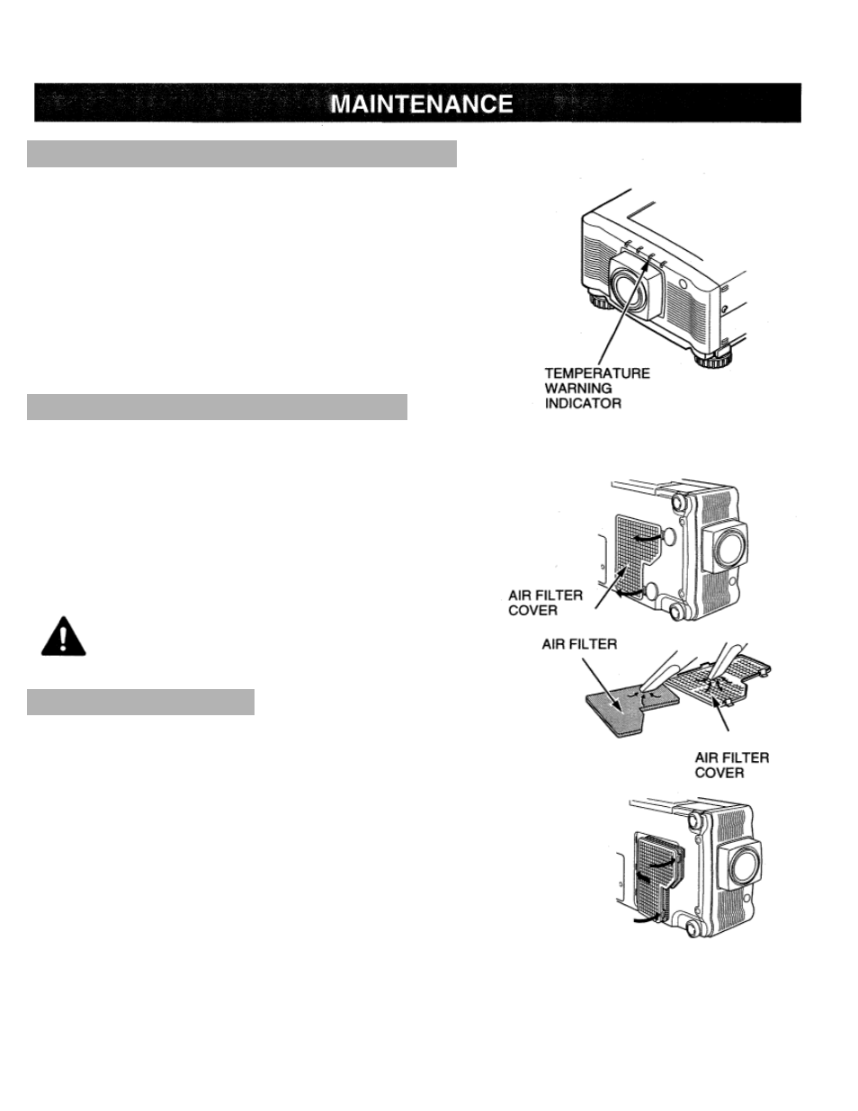 Appendix, Maintenance, Temperature warning indicator | Air filter care and cleaning, Recommendation | Eiki LC-X990 User Manual | Page 49 / 54