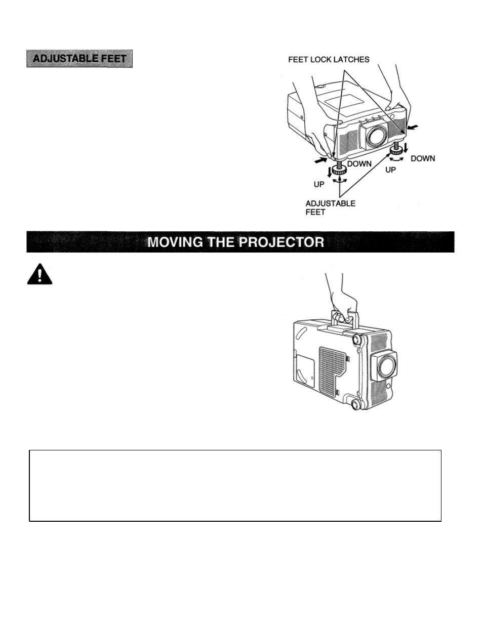 Moving the projector, Caution in carrying or transporting the projector | Eiki LC-X990 User Manual | Page 8 / 54