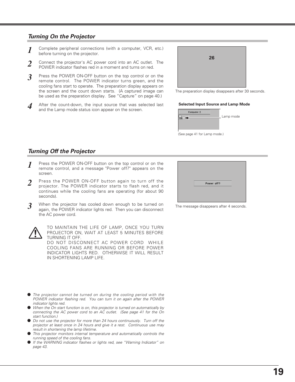 Basic operation, Turning on the projector, Turning off the projector | 19 basic operation | Eiki LC-XE10 User Manual | Page 19 / 60