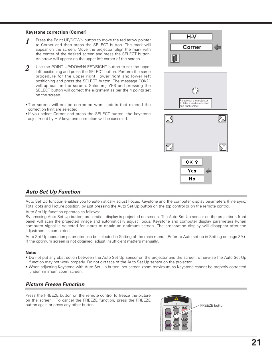 Auto set up function, Picture freeze function, Basic operation | Keystone correction (corner) | Eiki LC-XE10 User Manual | Page 21 / 60
