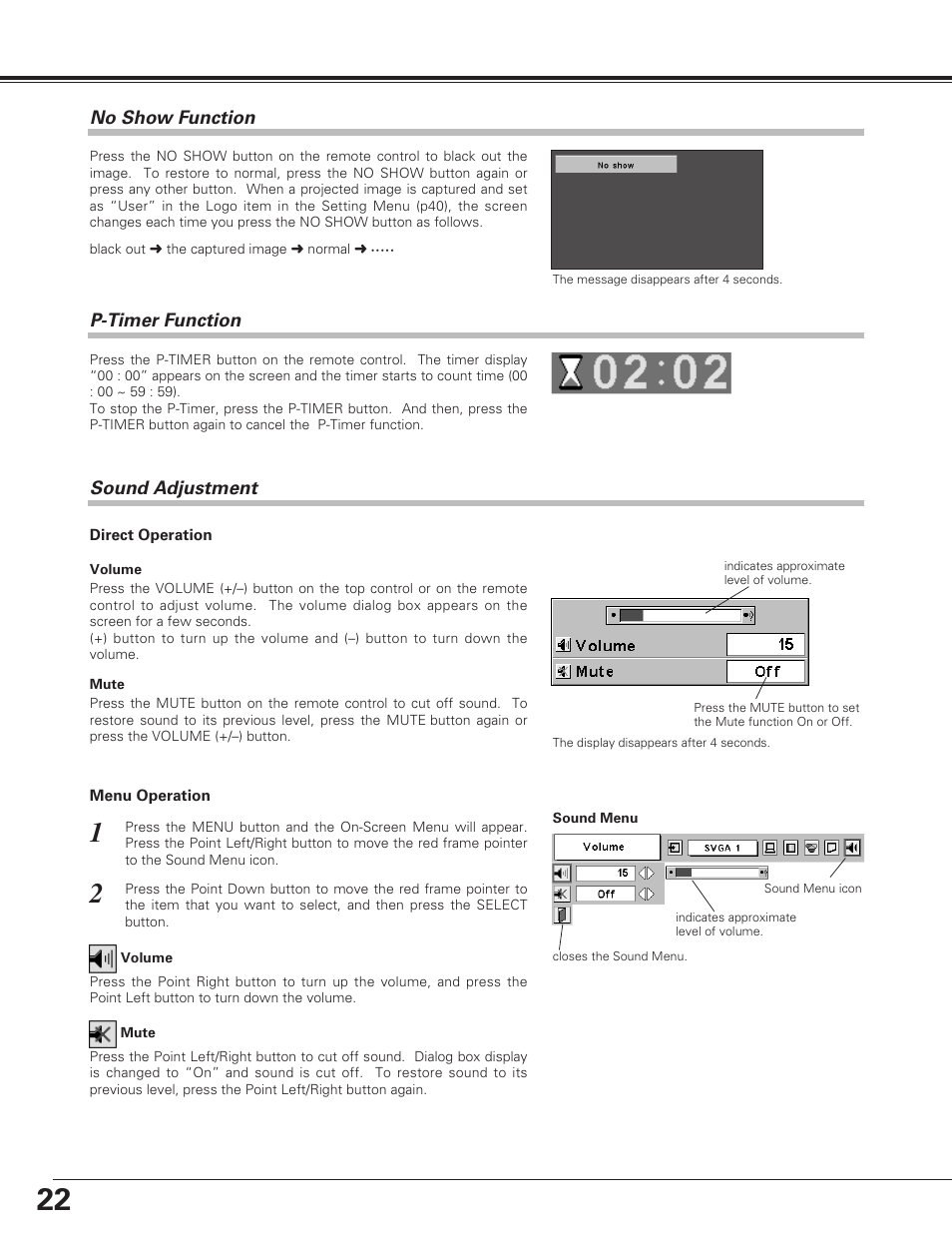 No show function, P-timer function, Sound adjustment | Basic operation | Eiki LC-XE10 User Manual | Page 22 / 60