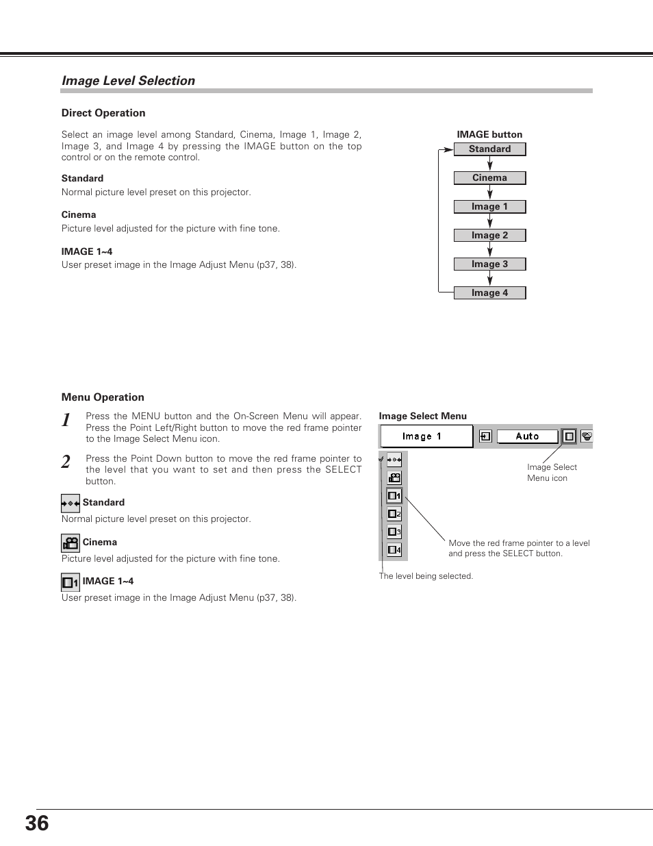 Image level selection, Video input | Eiki LC-XE10 User Manual | Page 36 / 60