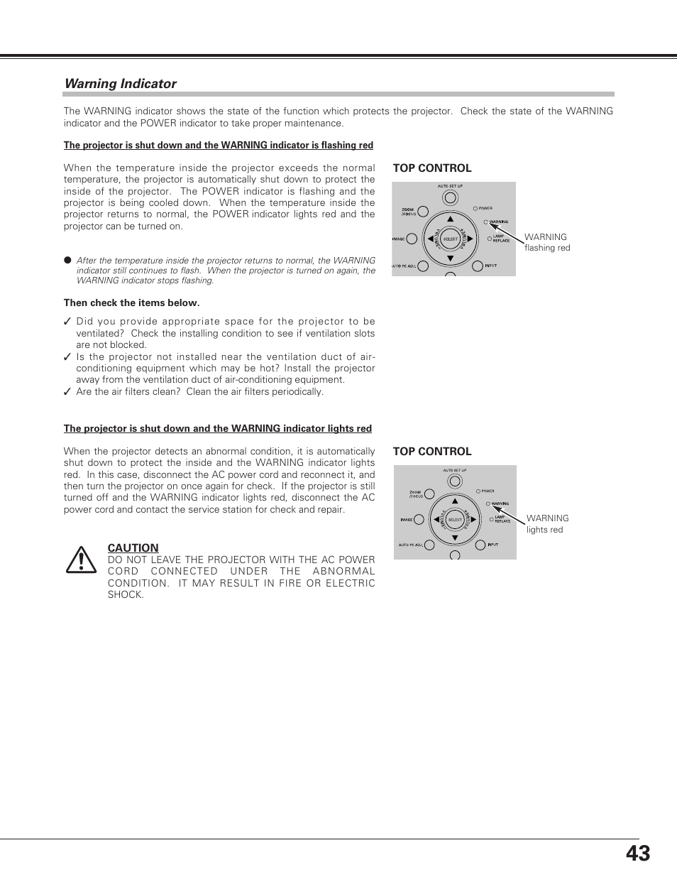 Maintenance and cleaning, Warning indicator | Eiki LC-XE10 User Manual | Page 43 / 60