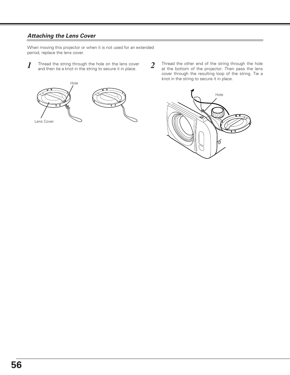 Attaching the lens cover | Eiki LC-XE10 User Manual | Page 56 / 60