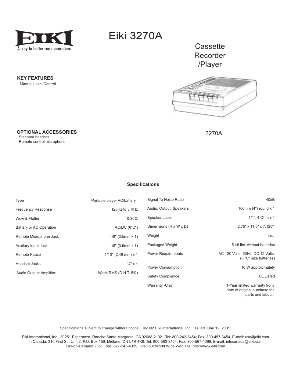 Eiki 3270A User Manual | 1 page