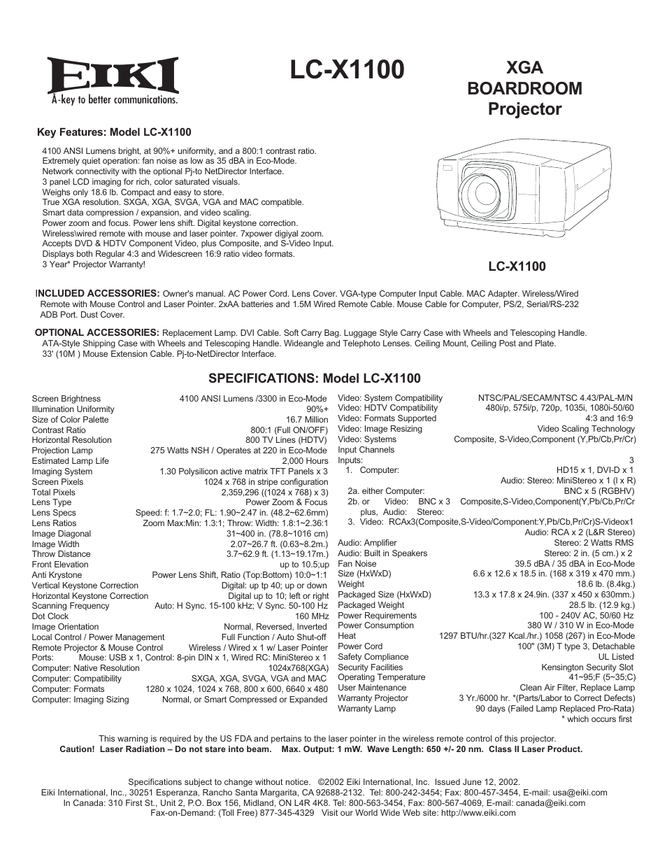 Eiki LC-X1100 User Manual | 1 page