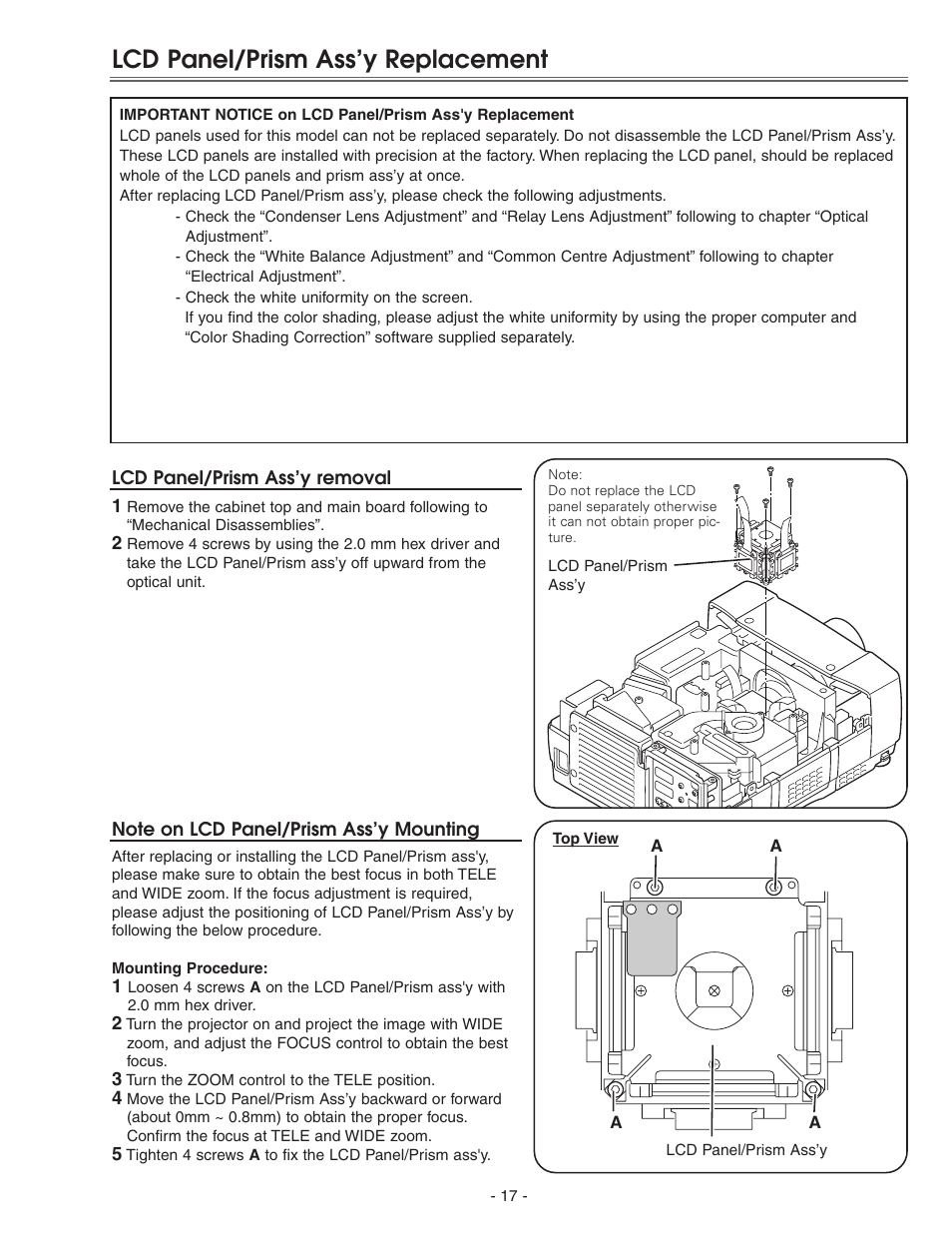 Lcd panel/prism assﾕy replac, Lcd panel/prism ass’y replacement | Eiki LC-X71 LC-X71L User Manual | Page 17 / 107