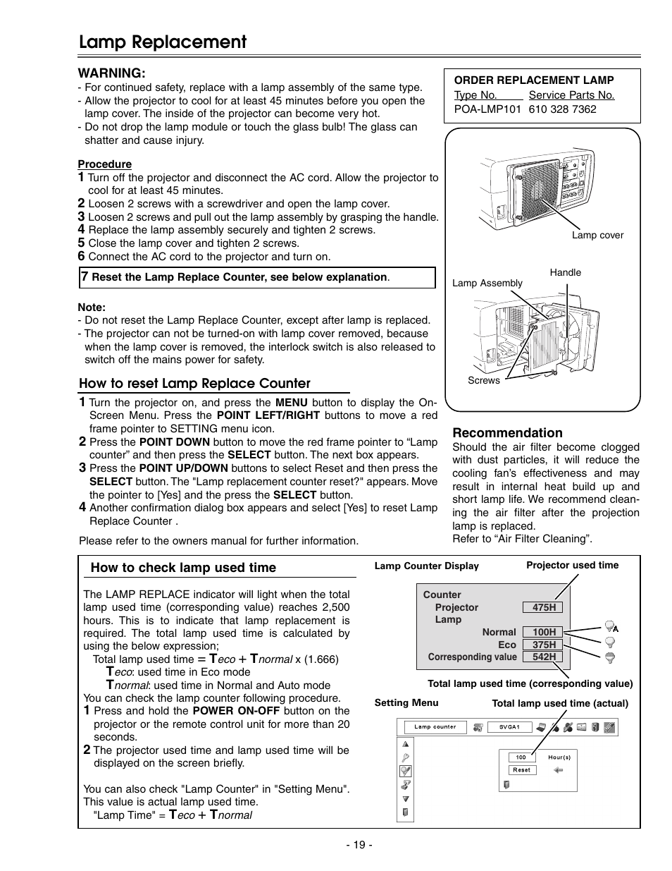 Lamp replacement | Eiki LC-X71 LC-X71L User Manual | Page 19 / 107