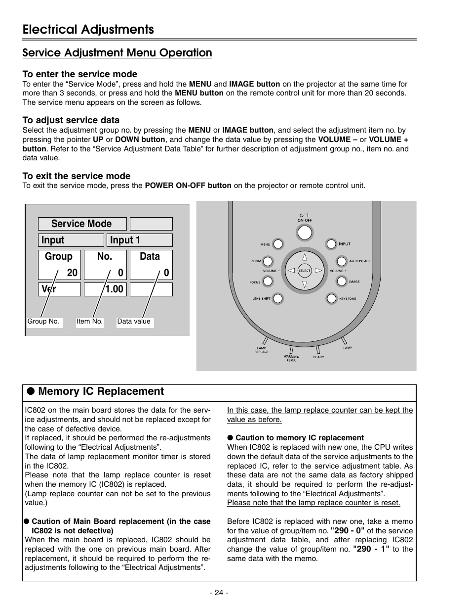 Electrical adjustments, Service adjustment menu oper, Service adjustment menu operation | Eiki LC-X71 LC-X71L User Manual | Page 24 / 107