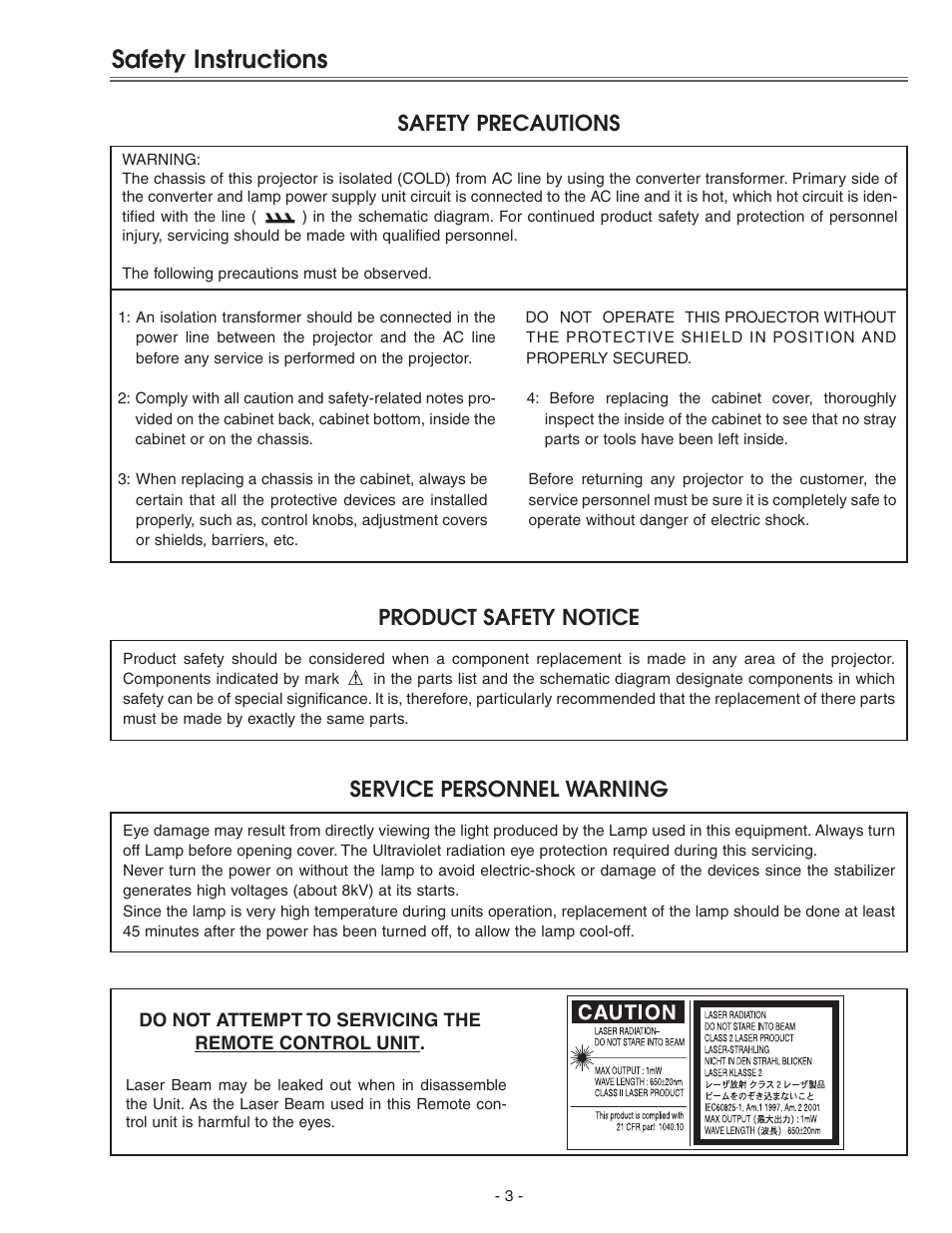 Safety instructions, Safety precautions, Service personnel warning | Product safety notice | Eiki LC-X71 LC-X71L User Manual | Page 3 / 107