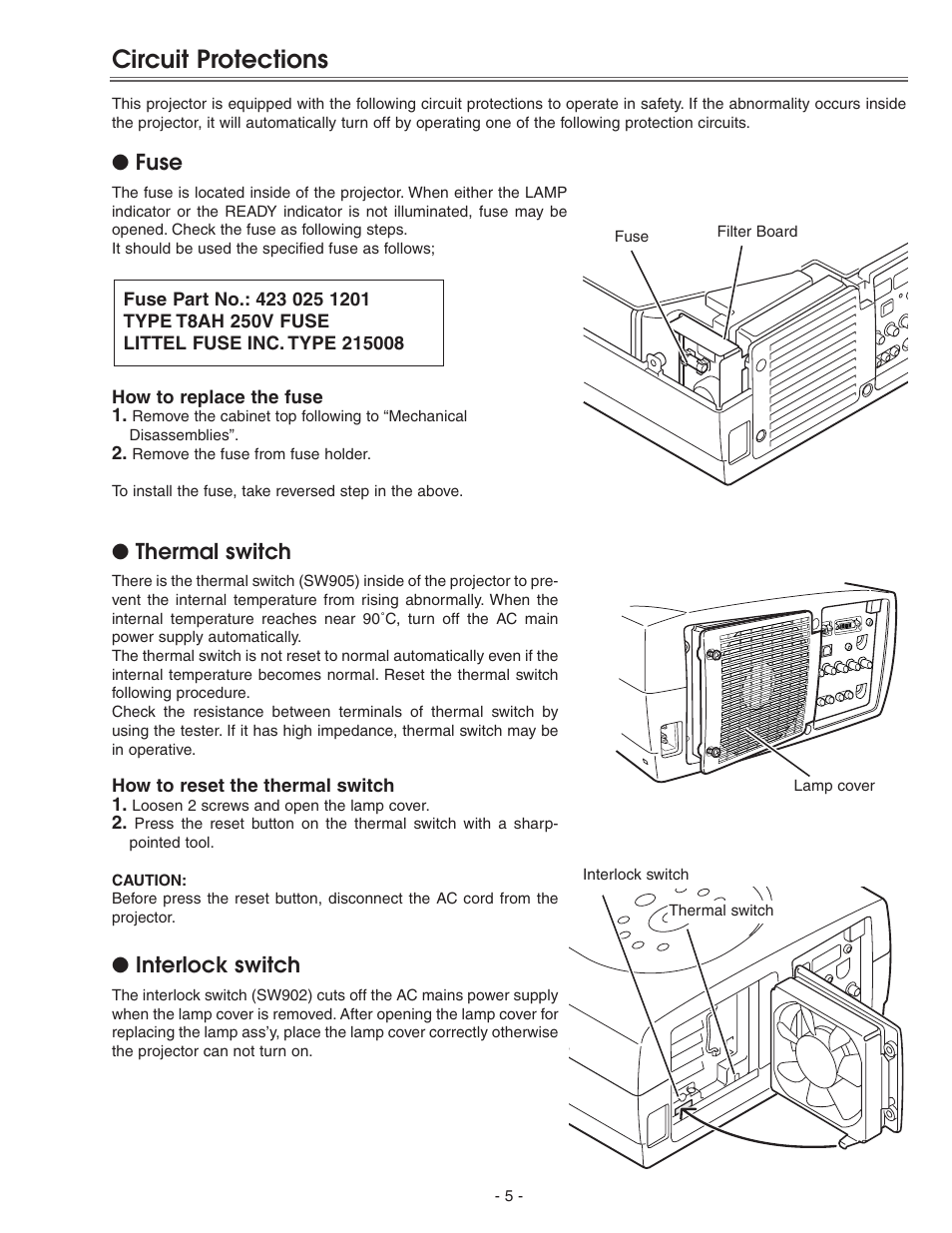 Circuit protections, Interlock switch, Thermal switch | Fuse | Eiki LC-X71 LC-X71L User Manual | Page 5 / 107