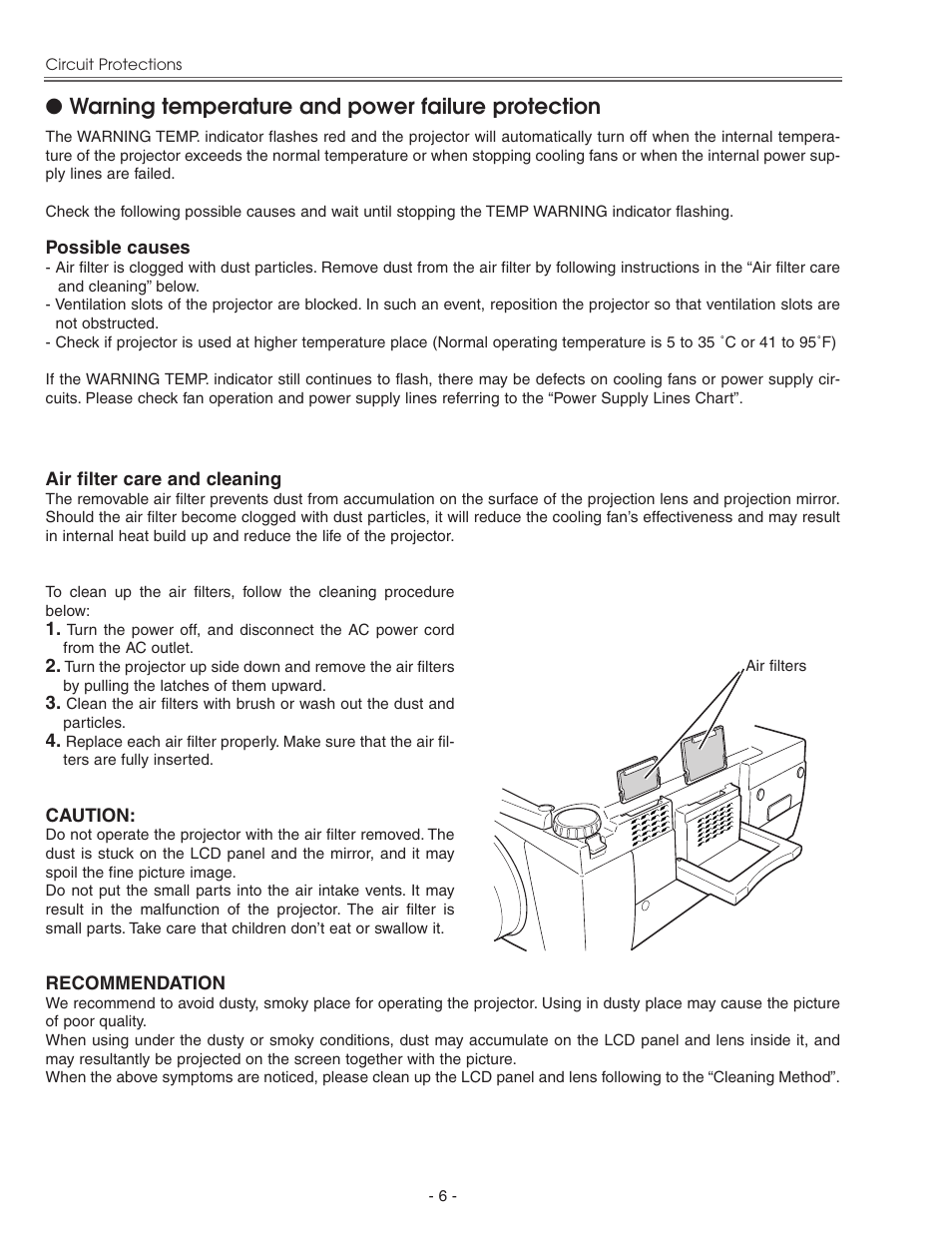 Warning temperature and power failure protection | Eiki LC-X71 LC-X71L User Manual | Page 6 / 107