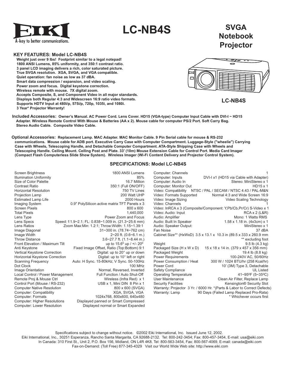 Eiki LC-NB4S User Manual | 1 page