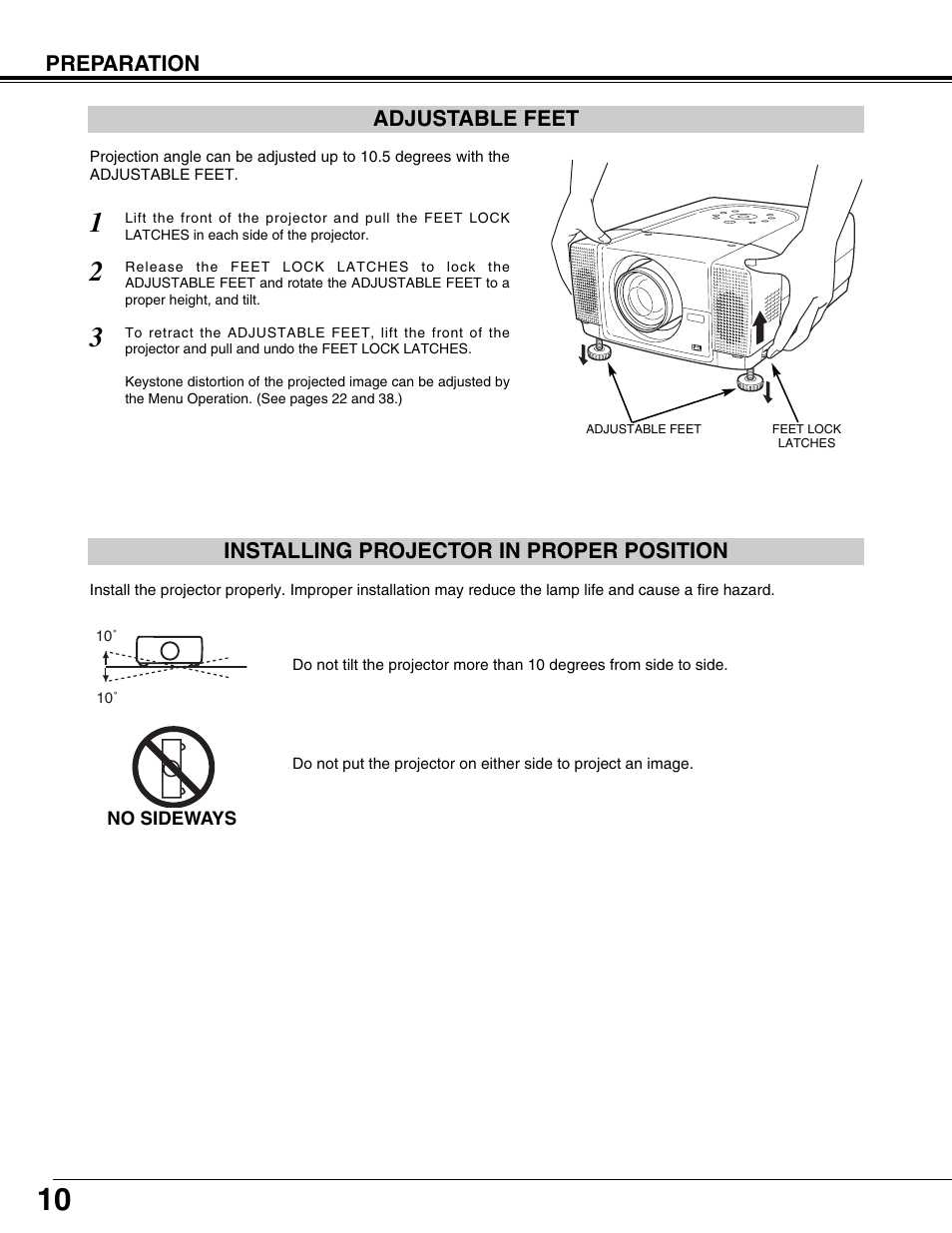 Adjustable feet, Installing projector in proper position | Eiki LC-X71L User Manual | Page 10 / 62