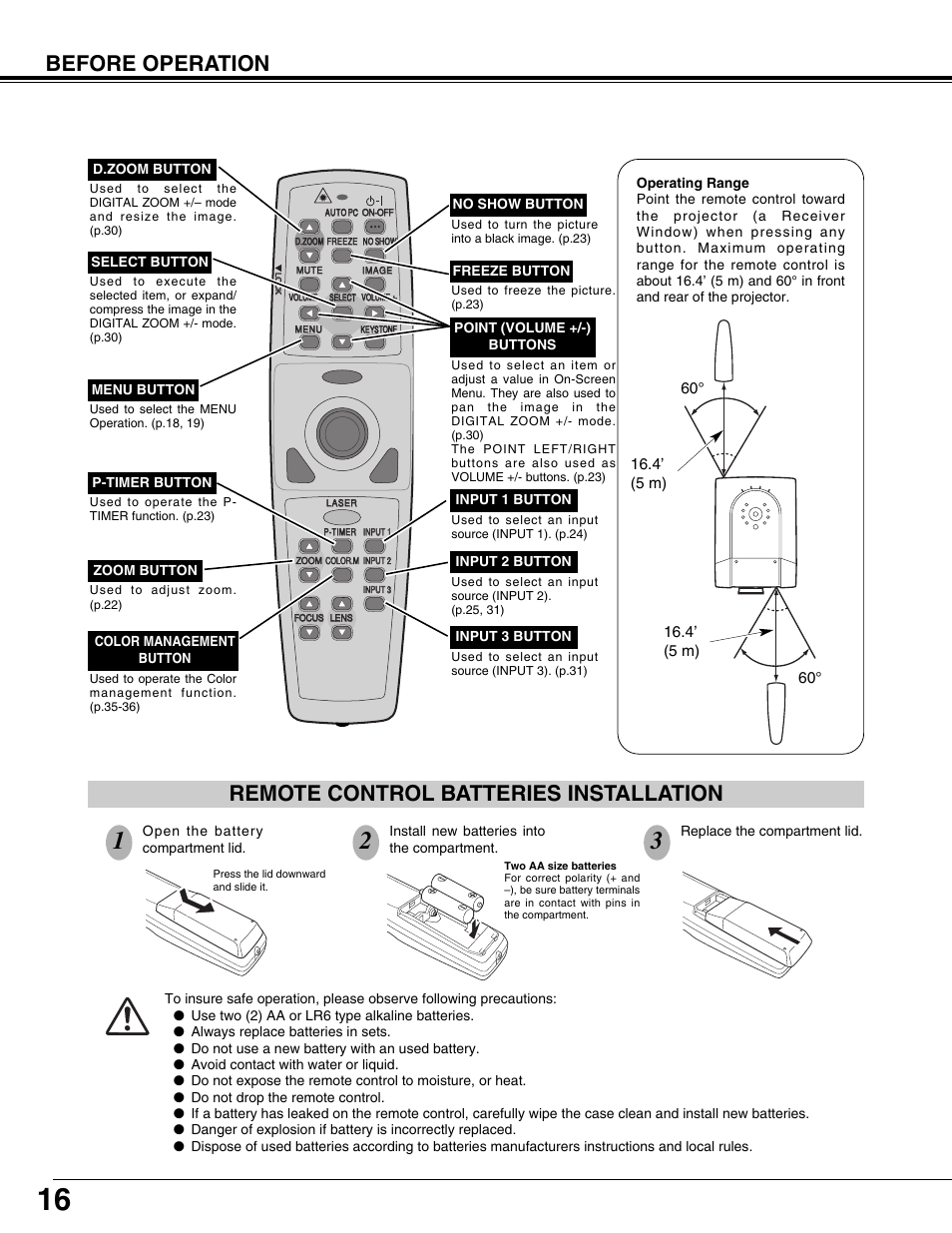 Remote control batteries installation, Before operation | Eiki LC-X71L User Manual | Page 16 / 62