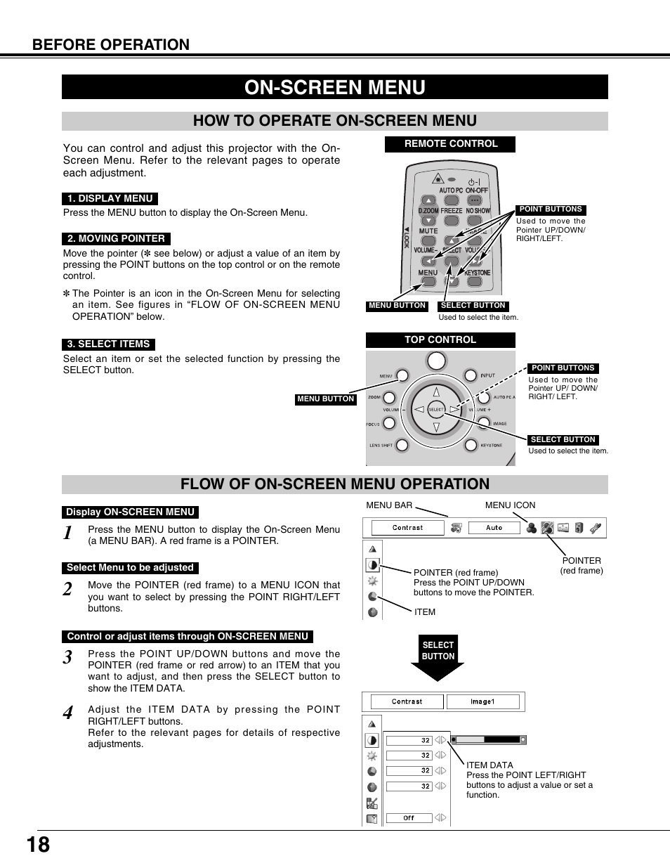 On-screen menu, How to operate on-screen menu, Flow of on-screen menu operation | Before operation how to operate on-screen menu | Eiki LC-X71L User Manual | Page 18 / 62