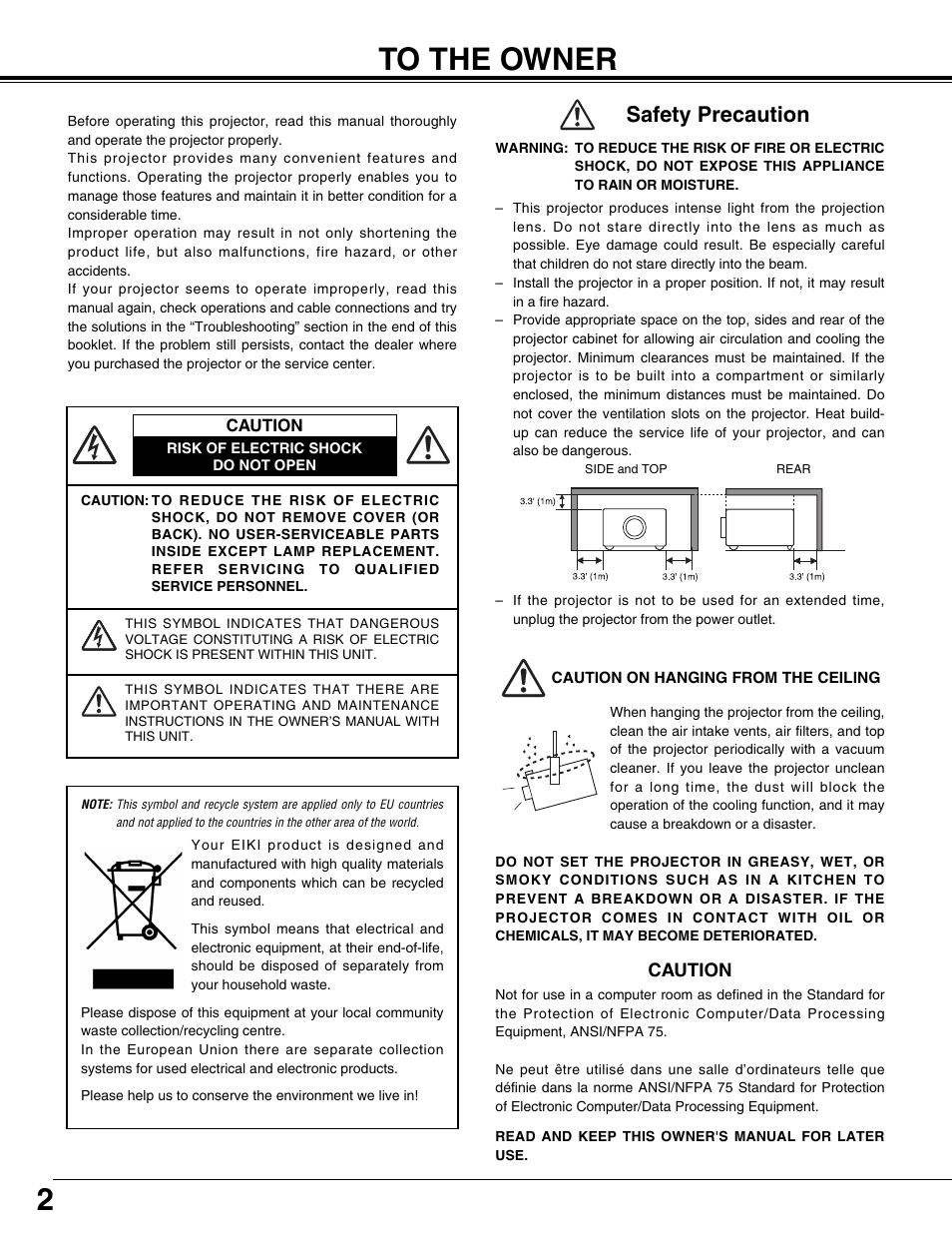 To the owner, Safety precaution | Eiki LC-X71L User Manual | Page 2 / 62