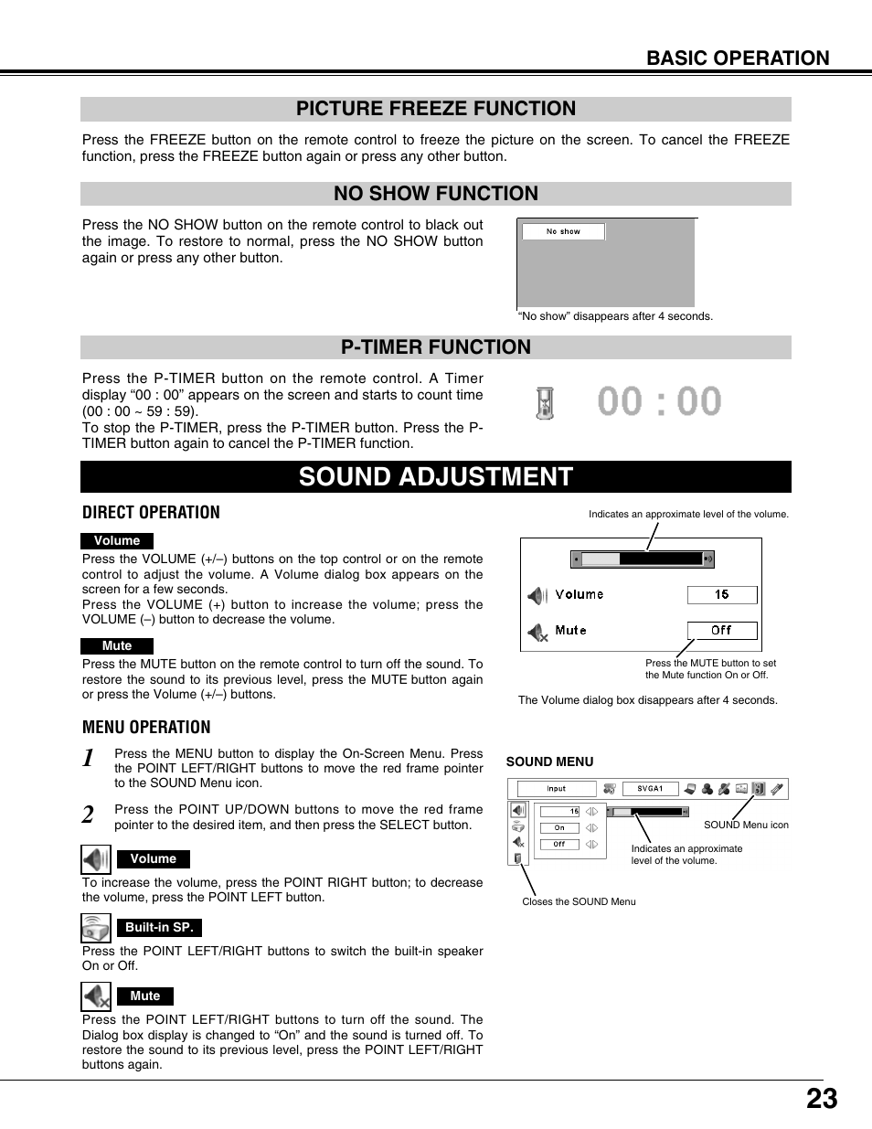 Picture freeze function, No show function, P-timer function | Sound adjustment, No show function picture freeze function, Basic operation | Eiki LC-X71L User Manual | Page 23 / 62