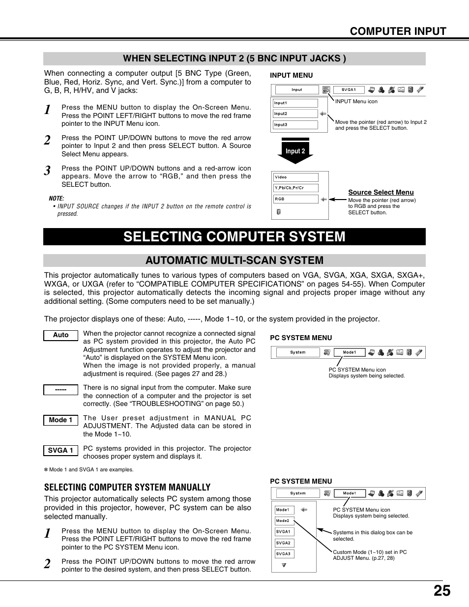 Selecting computer system, Computer input, Automatic multi-scan system | Eiki LC-X71L User Manual | Page 25 / 62