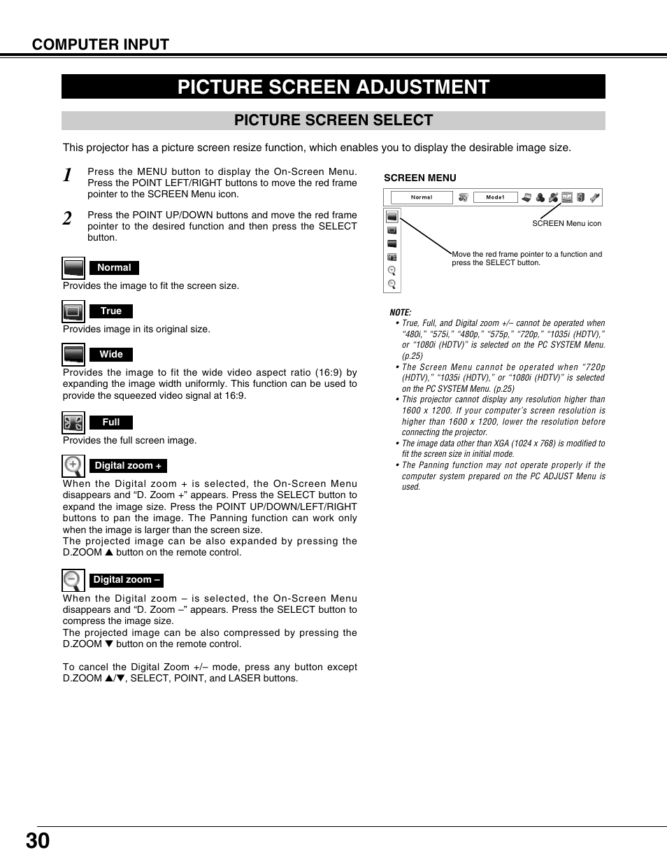 Picture screen adjustment, Picture screen select, Computer input | Eiki LC-X71L User Manual | Page 30 / 62