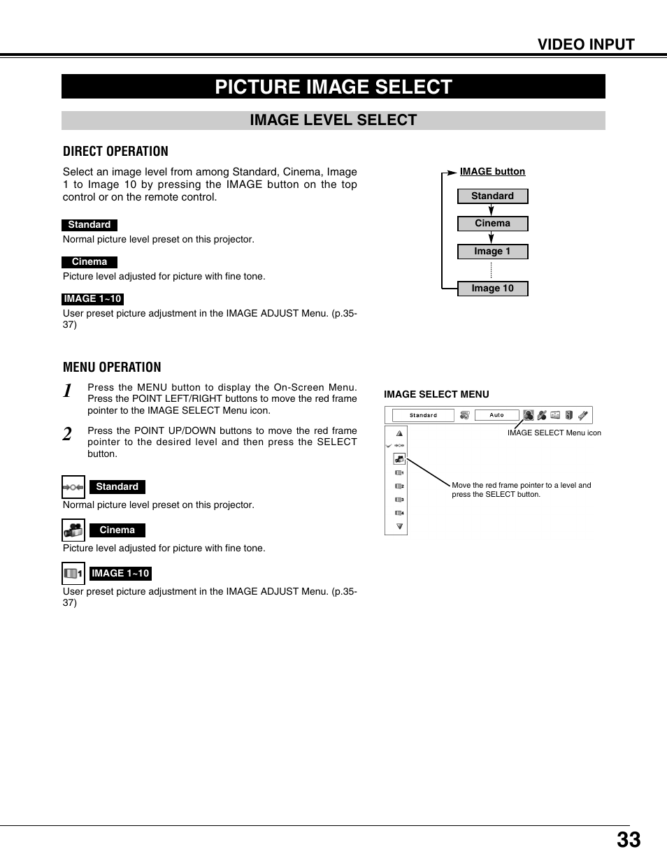 Picture image select, Image level select, Video input | Eiki LC-X71L User Manual | Page 33 / 62