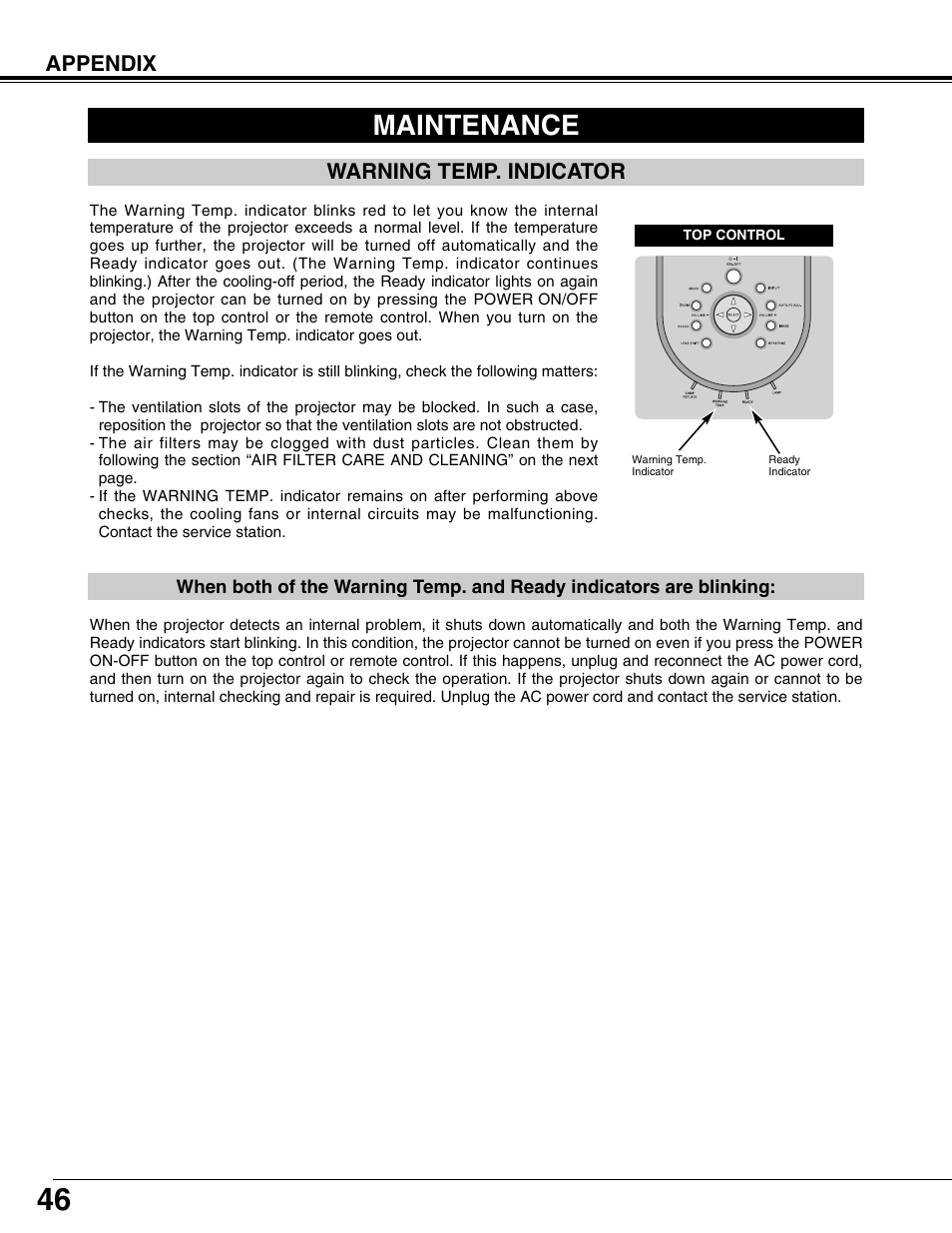 Maintenance, Warning temp. indicator, Appendix | Eiki LC-X71L User Manual | Page 46 / 62