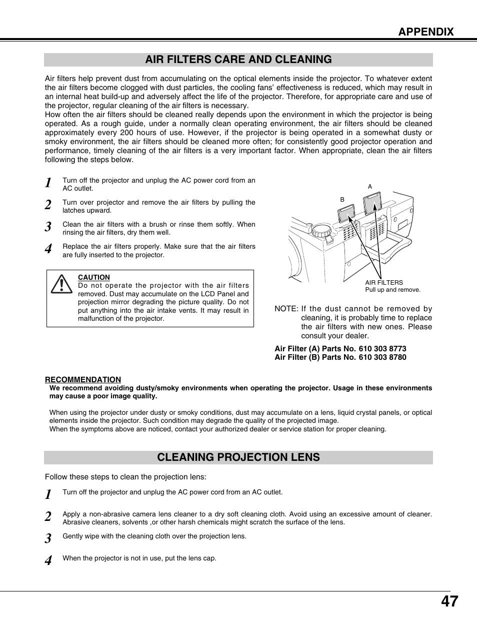 Air filters care and cleaning, Cleaning projection lens | Eiki LC-X71L User Manual | Page 47 / 62