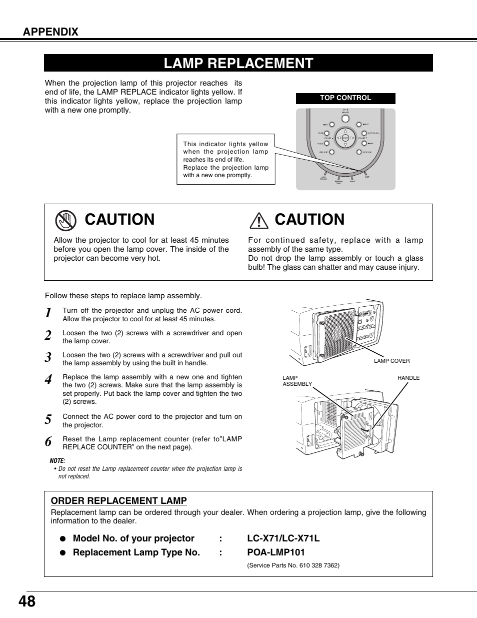 Lamp replacement, Caution | Eiki LC-X71L User Manual | Page 48 / 62