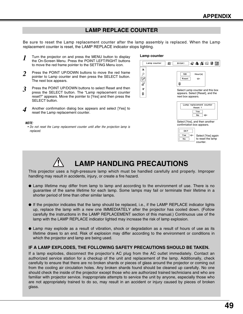 Lamp replace counter, Lamp handling precautions, Appendix lamp replace counter | Eiki LC-X71L User Manual | Page 49 / 62