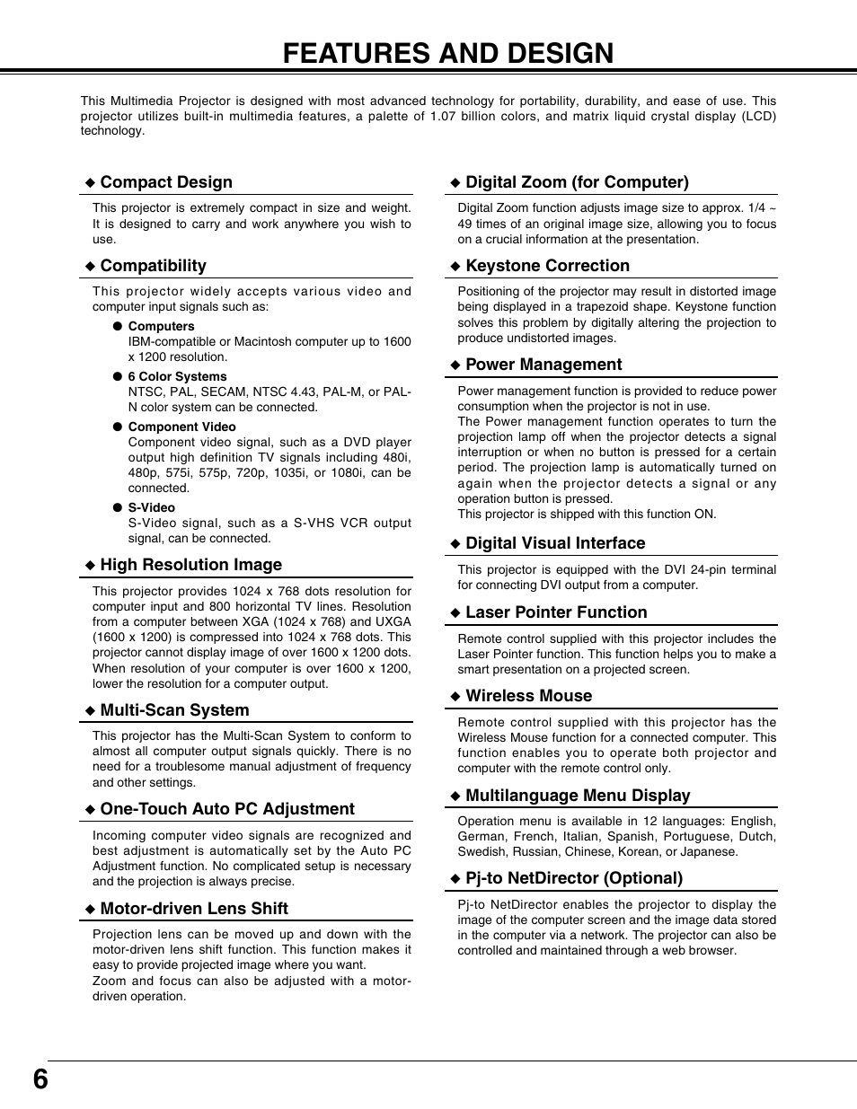 Features and design, 6features and design | Eiki LC-X71L User Manual | Page 6 / 62