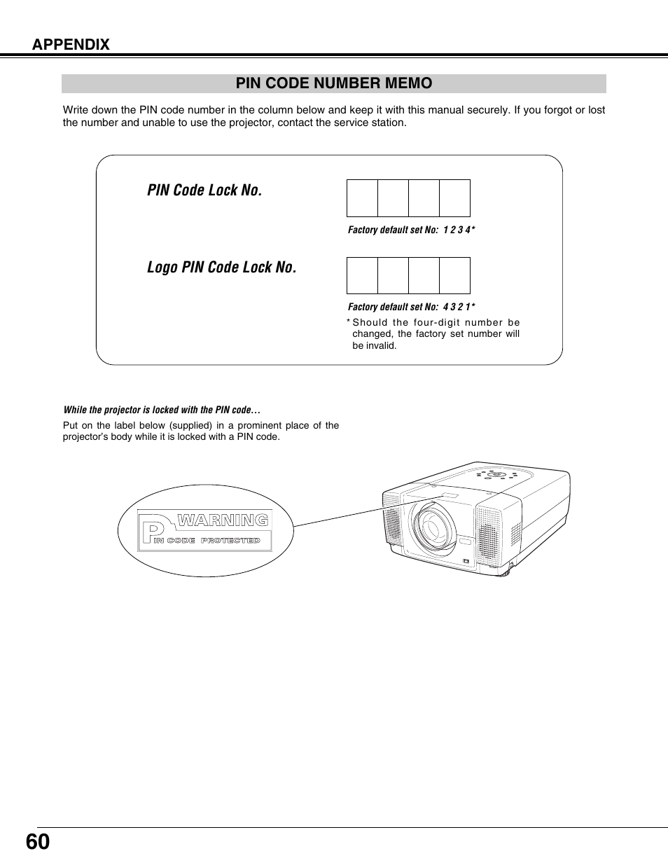 Pin code number memo | Eiki LC-X71L User Manual | Page 60 / 62