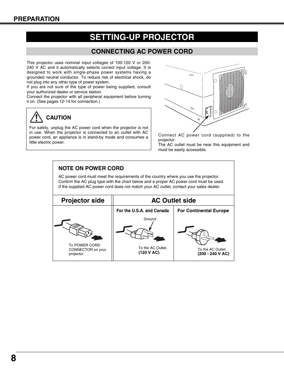 Setting-up projector, Connecting ac power cord, Preparation | Projector side ac outlet side | Eiki LC-X71L User Manual | Page 8 / 62