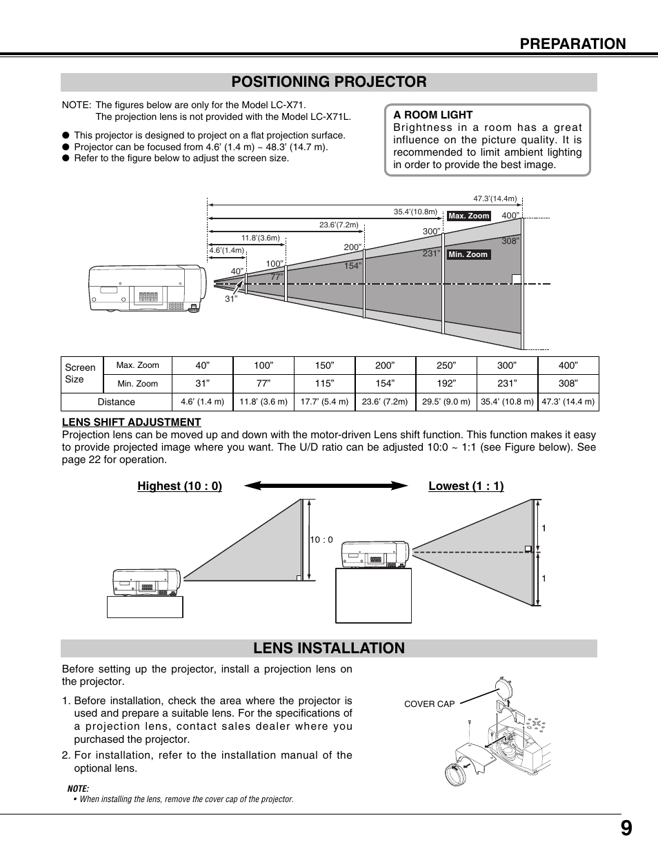 Positioning projector, Lens installation, Preparation | Eiki LC-X71L User Manual | Page 9 / 62