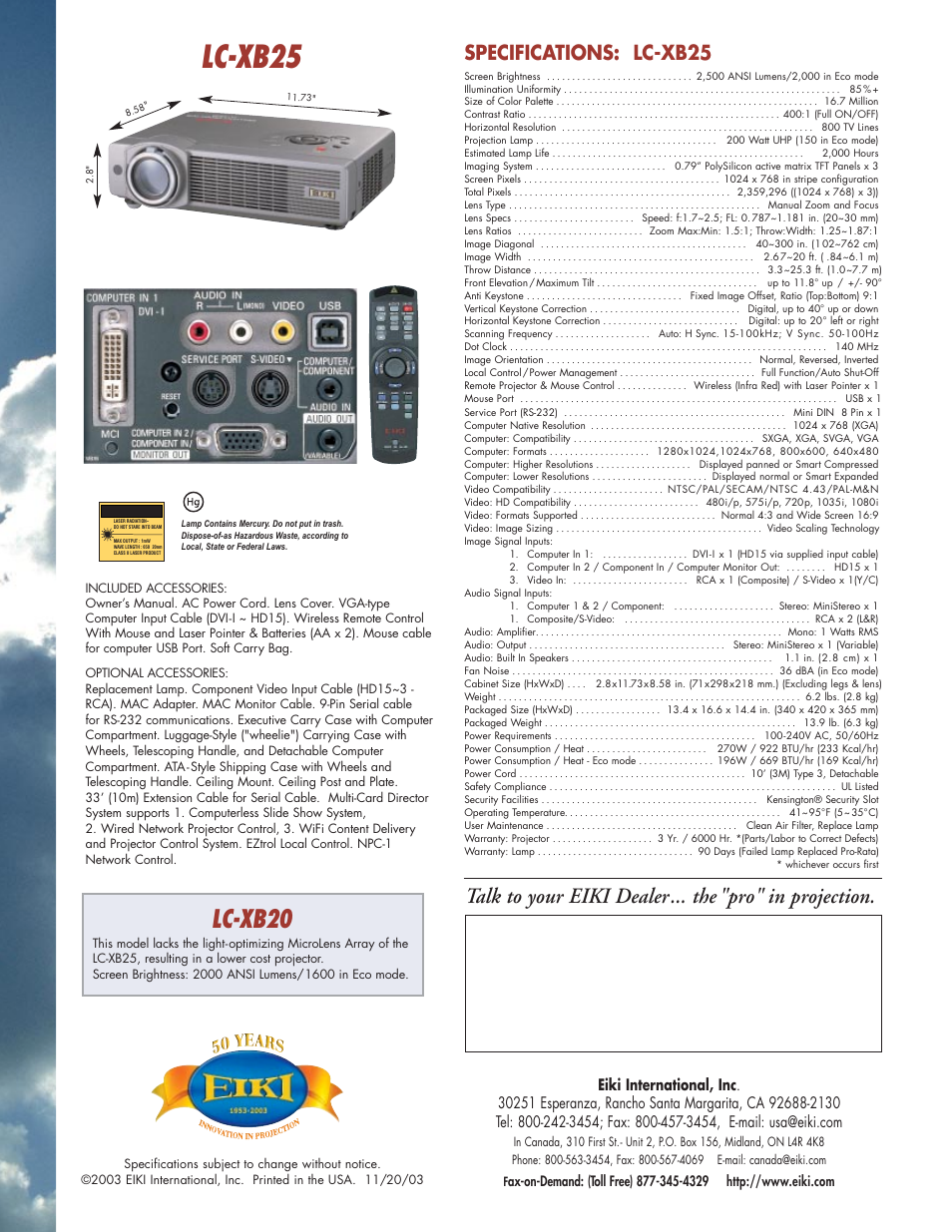 Lc-xb25, Lc-xb20, Specifications: lc-xb25 | Eiki LC-XB20 User Manual | Page 2 / 2