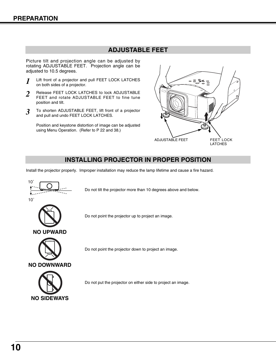 Adjustable feet, Installing projector in proper position | Eiki LC-W3 User Manual | Page 10 / 60