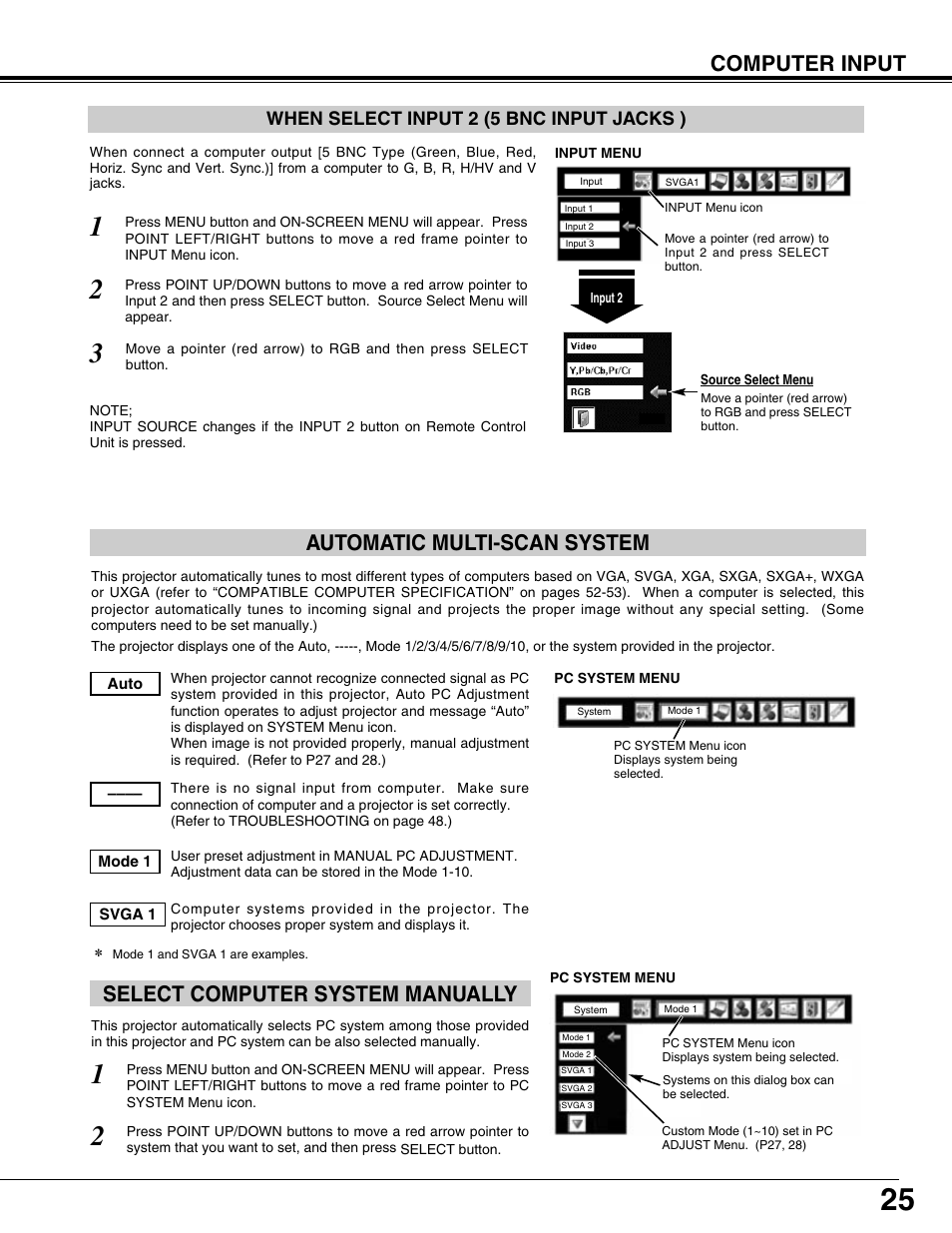 Computer input, Select computer system manually, Automatic multi-scan system | When select input 2 (5 bnc input jacks ) | Eiki LC-W3 User Manual | Page 25 / 60