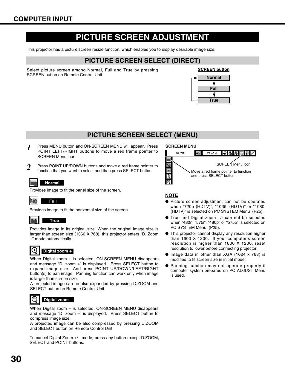 Picture screen adjustment, Picture screen select, Computer input picture screen select (direct) | Picture screen select (menu) | Eiki LC-W3 User Manual | Page 30 / 60