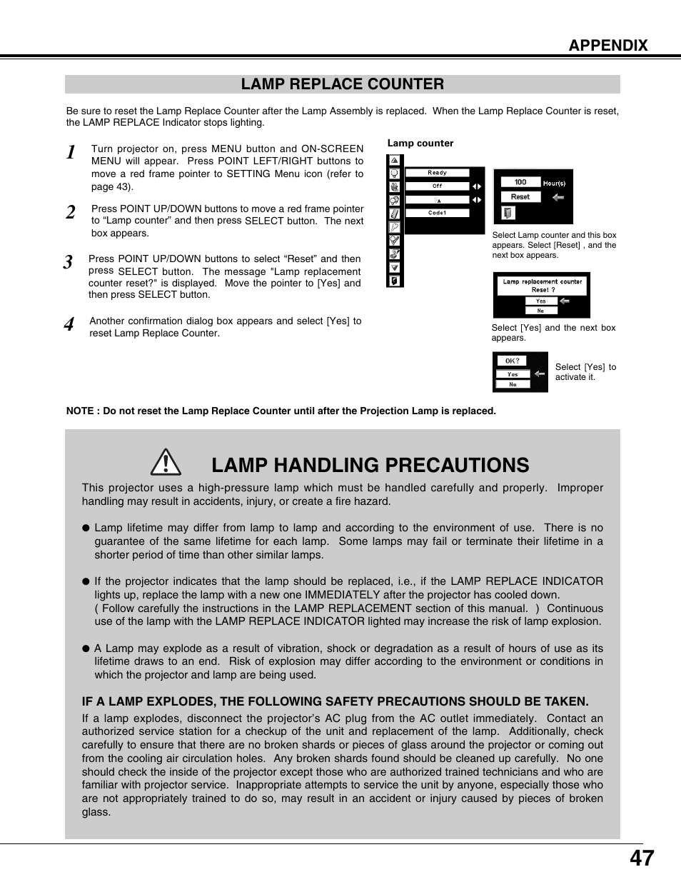 Lamp replace counter, Lamp handling precautions | Eiki LC-W3 User Manual | Page 47 / 60