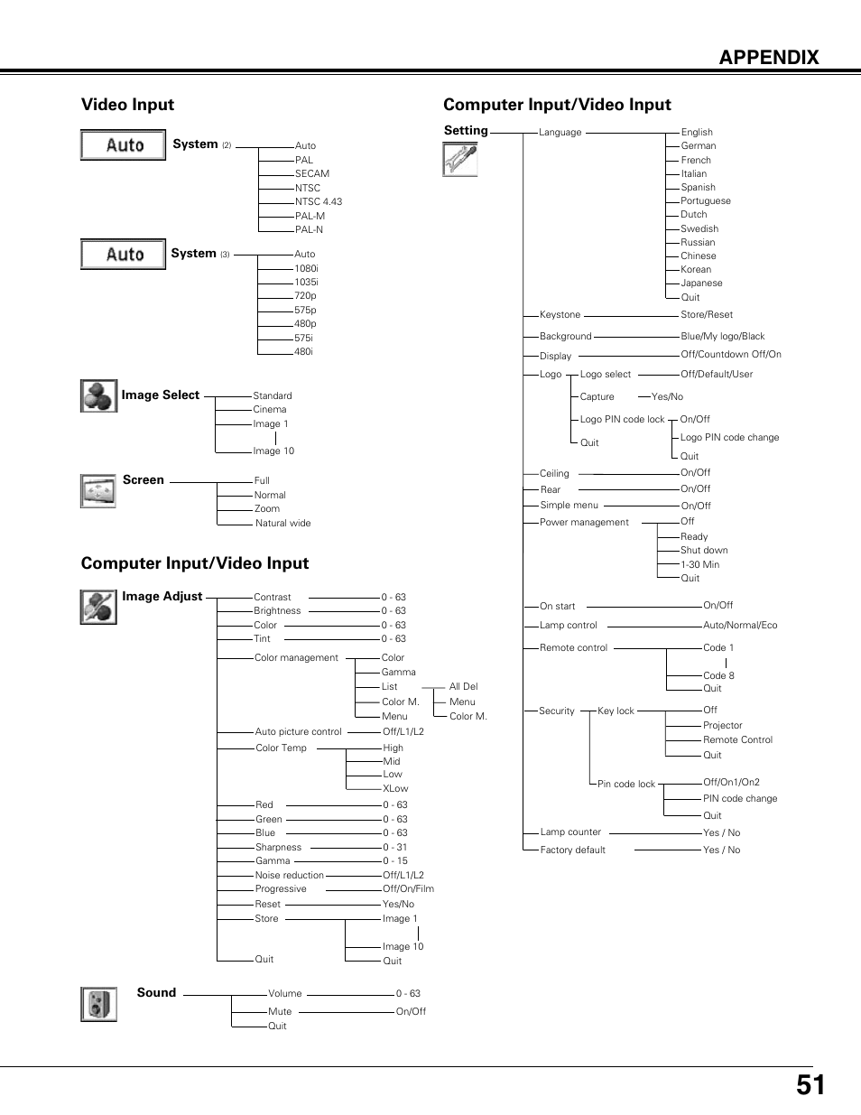 Appendix, Video input, Computer input/video input | Eiki LC-W3 User Manual | Page 51 / 60