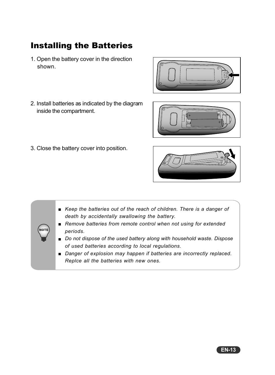 Installing the batteries | Eiki EIP-X350 User Manual | Page 14 / 35