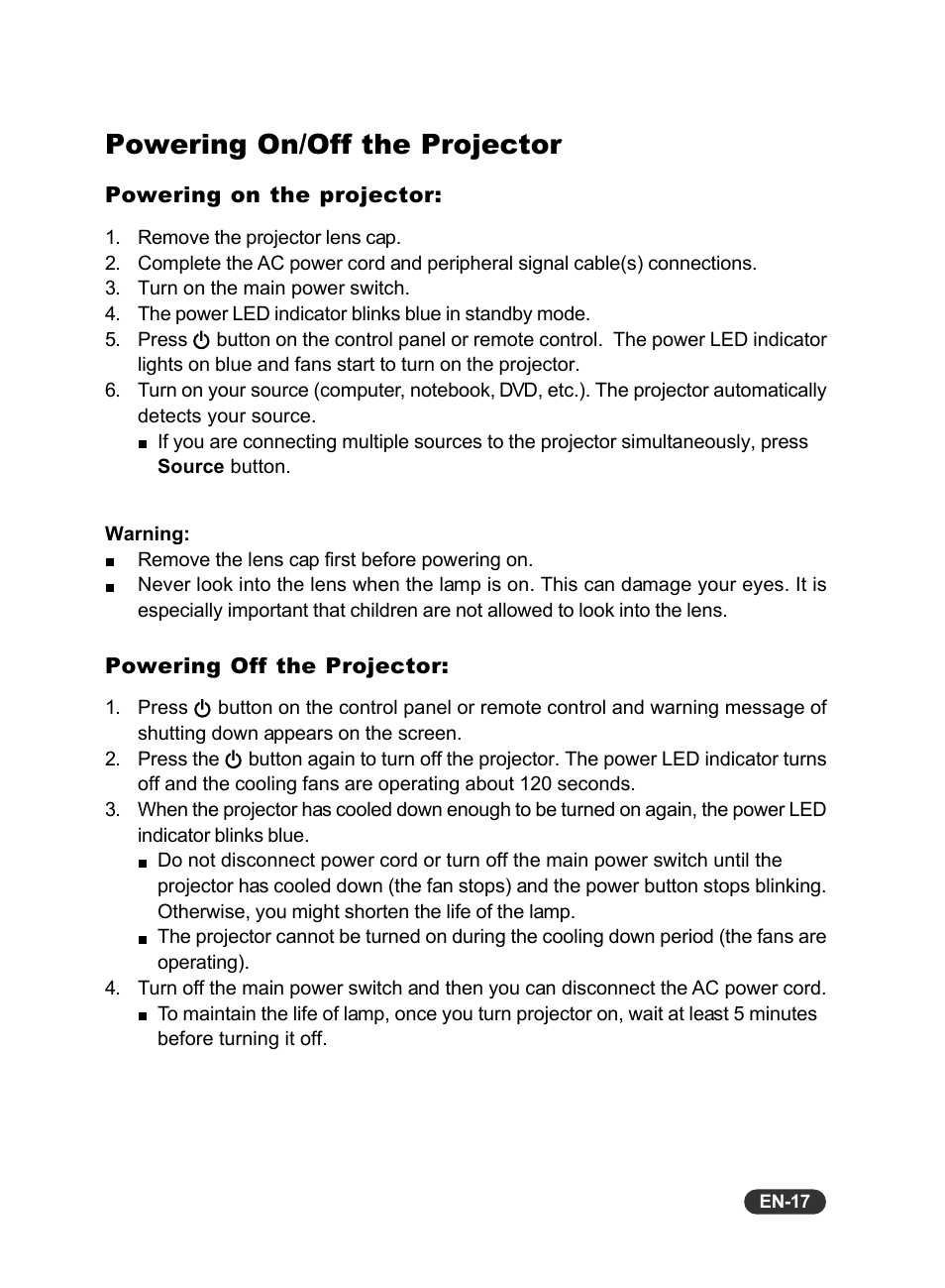 Powering on/off the projector | Eiki EIP-X350 User Manual | Page 18 / 35